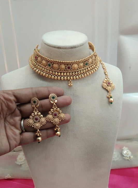 Gold Ruby Green Polki Choker Jewellery Beams Set