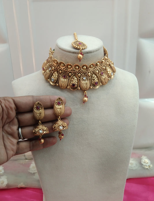 Gold Ruby Polki Jhumki Choker Jewellery Beams Set