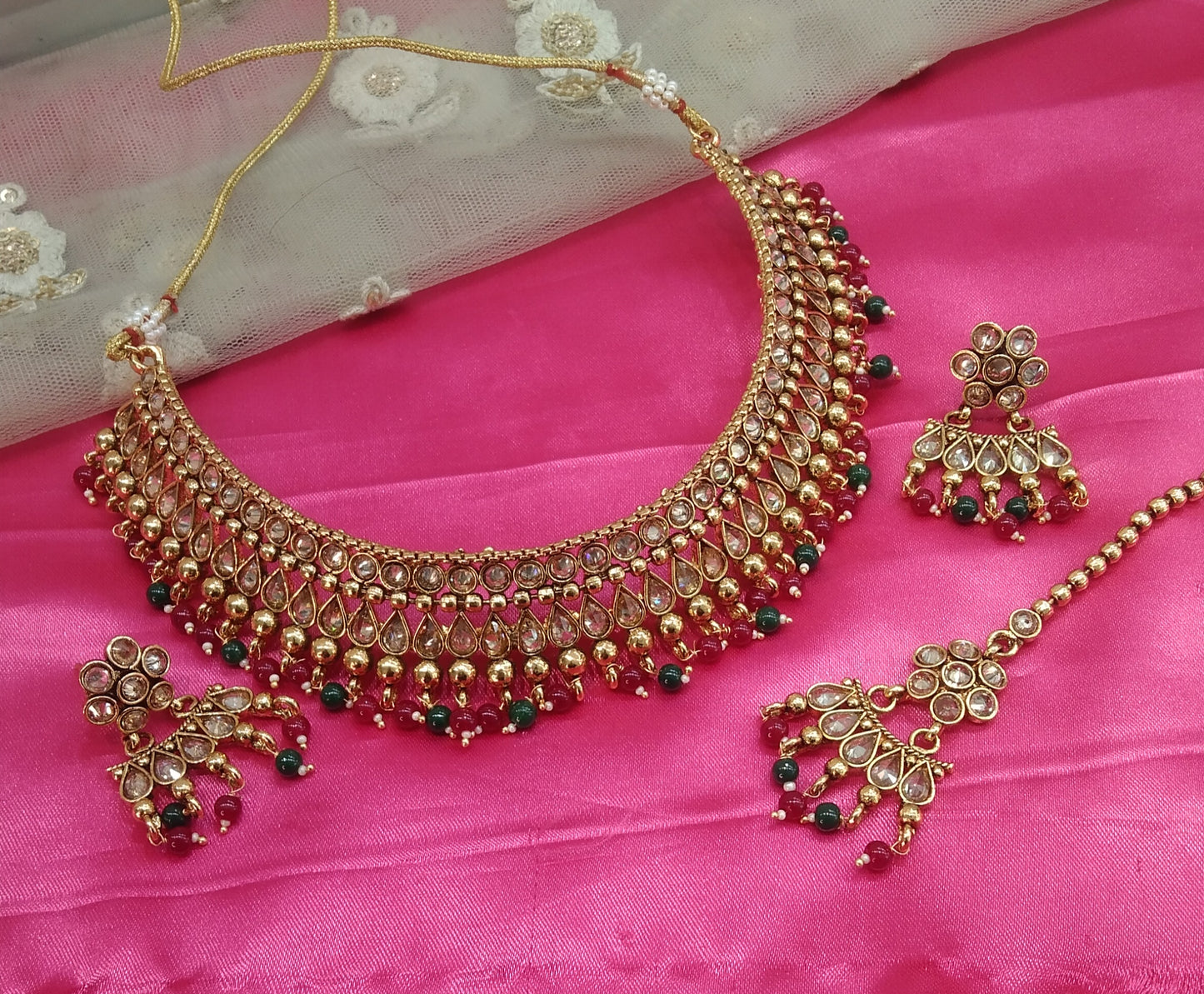 Gold Ruby Green Polki Choker Jewellery Beams Set