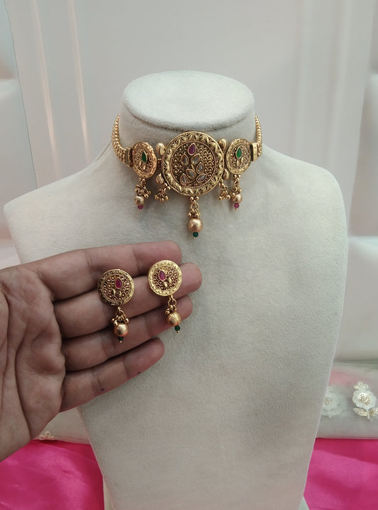 Gold Ruby Green  Polki Choker Jewellery Bini Set