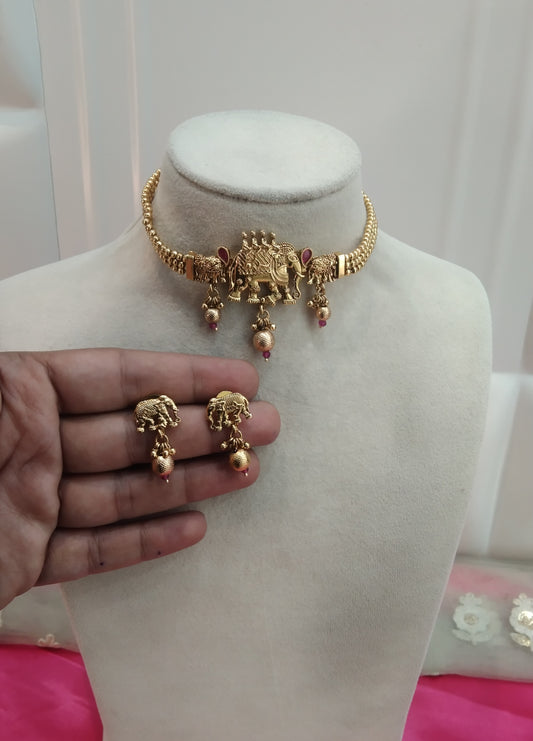 Gold Ruby Polki Choker Jewellery Bini Set