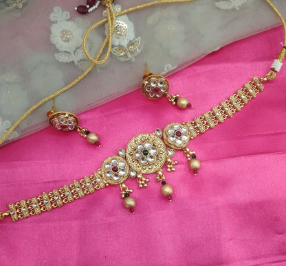 Gold Ruby Green Polki Choker Jewellery Bini Set