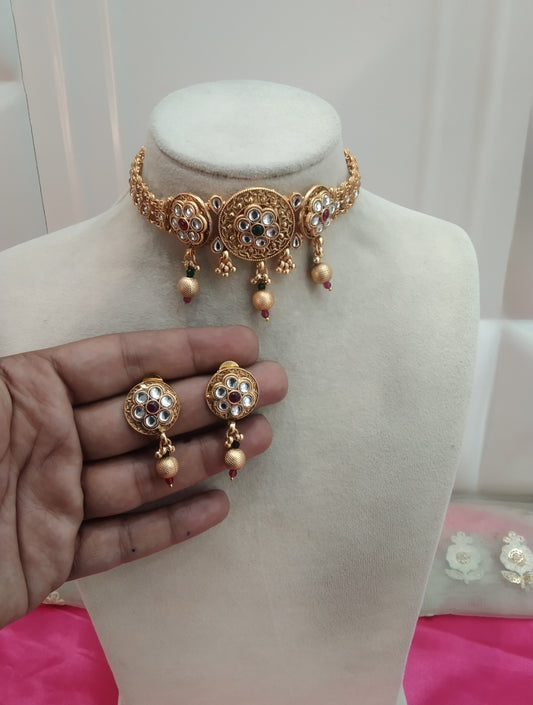 Gold Ruby Green Polki Choker Jewellery Bini Set