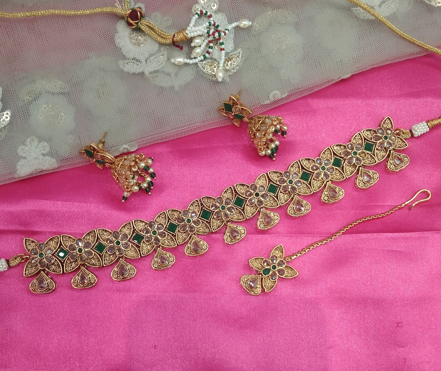 Gold Green Polki Jhumki Choker Jewellery Levit Set