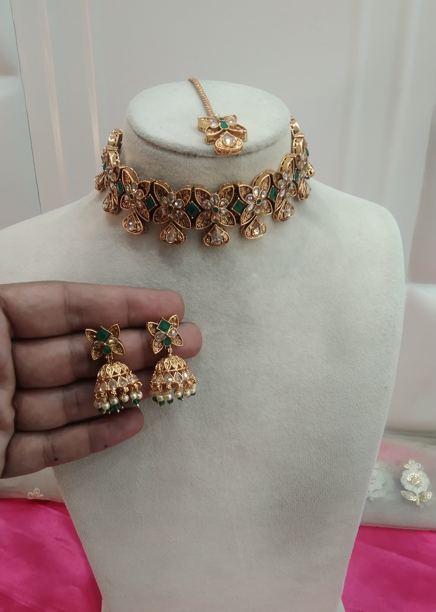 Gold Green Polki Jhumki Choker Jewellery Levit Set