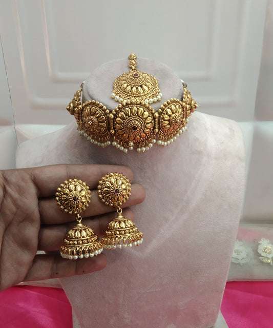 Gold Ruby Polki Jhumka Choker Jewellery Ravi Set