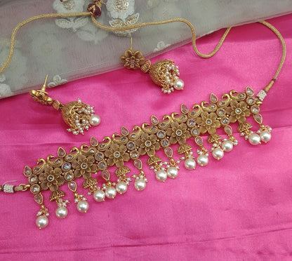 Gold  Polki Jhumka Choker Jewellery Ravi Set