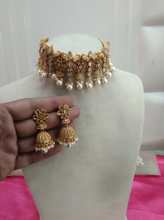 Gold  Polki Jhumka Choker Jewellery Ravi Set
