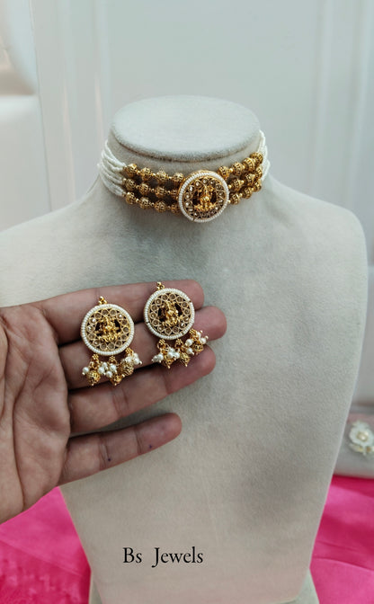 Gold White Polki Choker Temple Jewellery komal Set