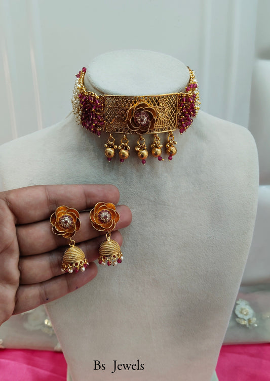 Gold Ruby Polki Jhumki Choker Jewellery Polki Set