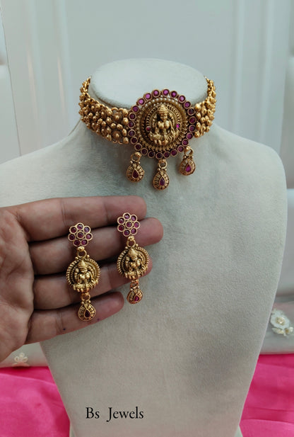 Gold Ruby Polki Choker Temple Jewellery Polki Set