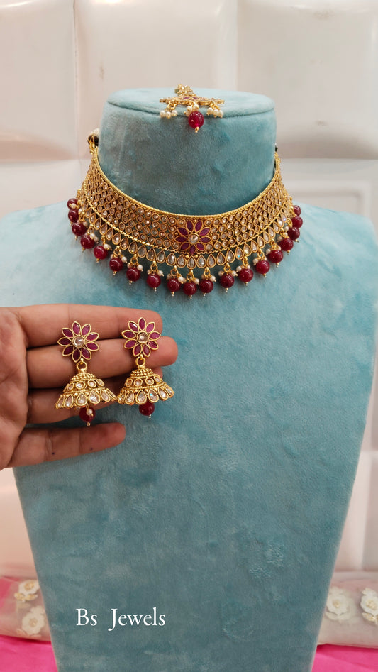Gold Ruby Polki Jhumka Choker Jewellery Beams Set