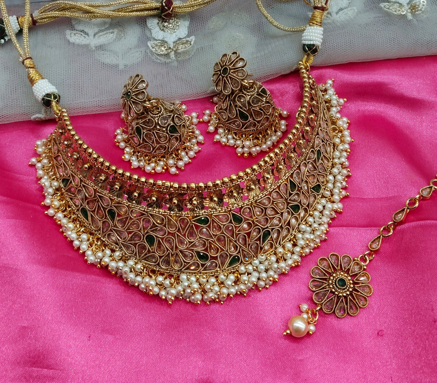 Gold Green Polki Jhumka Choker Jewellery Beams Set