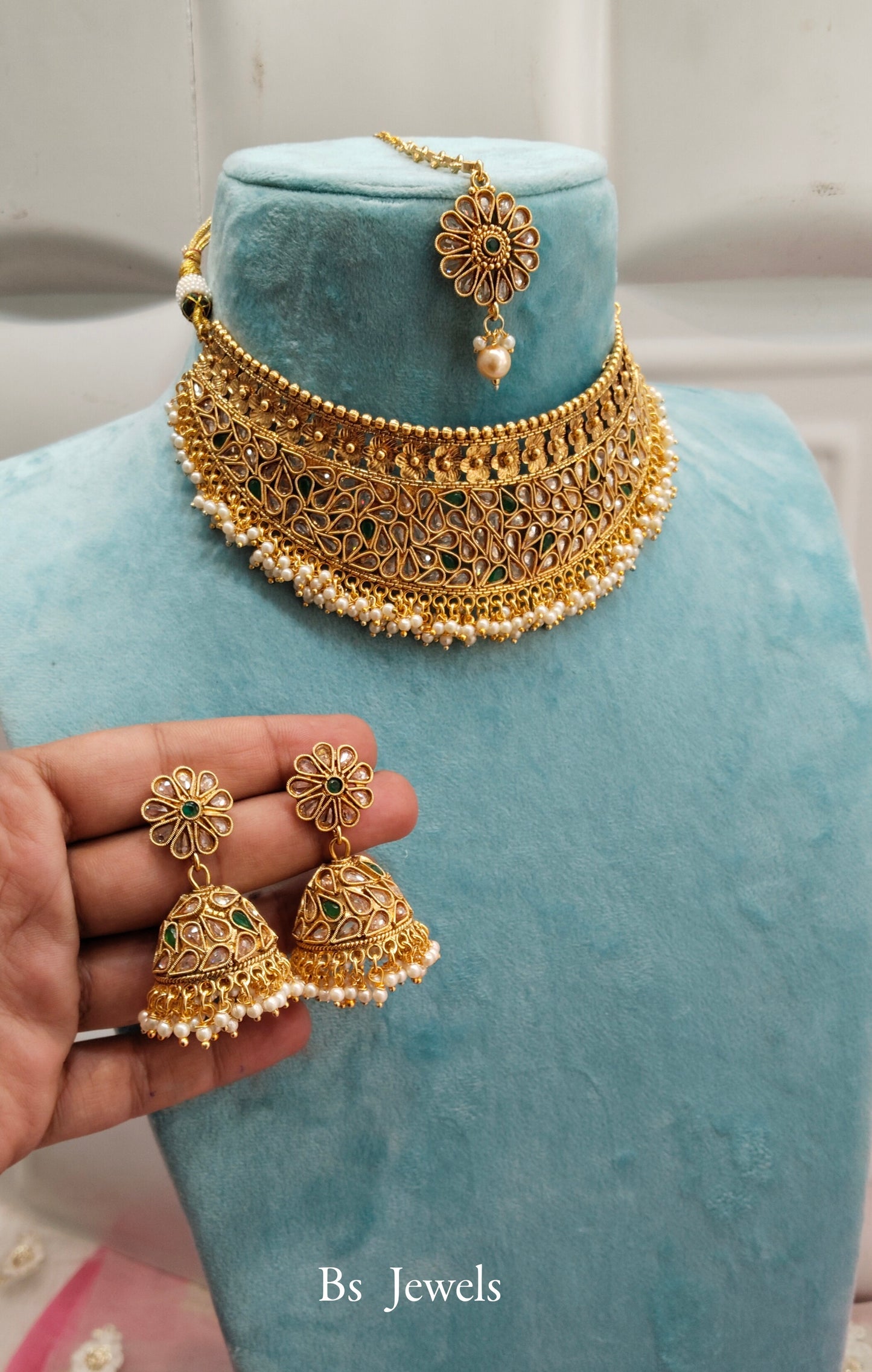Gold Green Polki Jhumka Choker Jewellery Beams Set