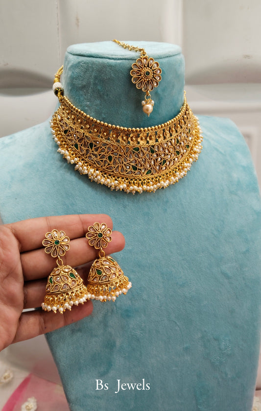 Gold Green Polki Jhumka Choker Jewellery Beams Set