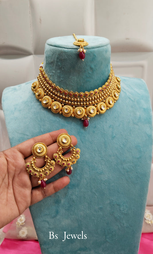 Gold Ruby Polki  Choker Jewellery Beams Set