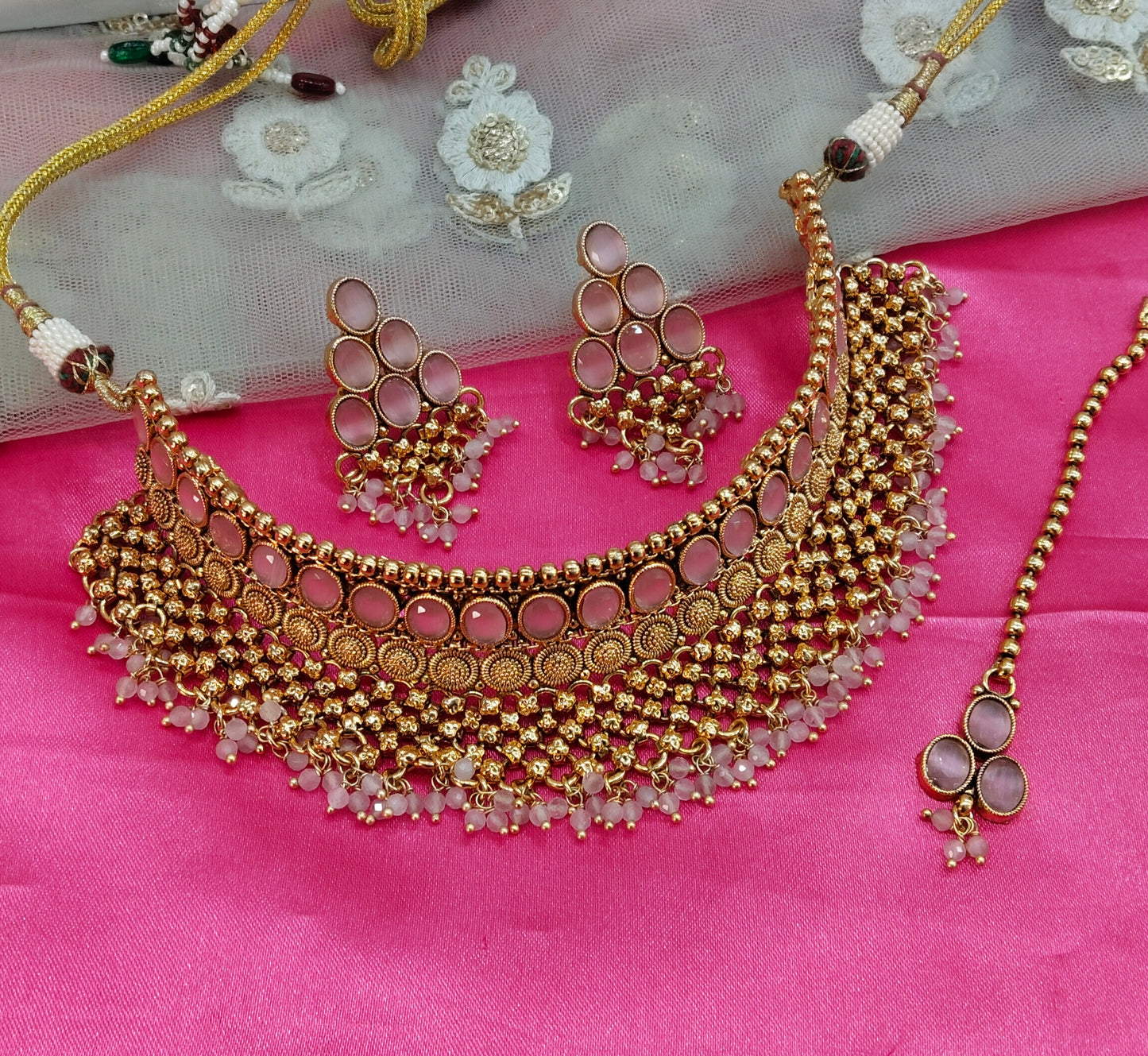 Gold Pink Polki  Choker Jewellery Beams Set