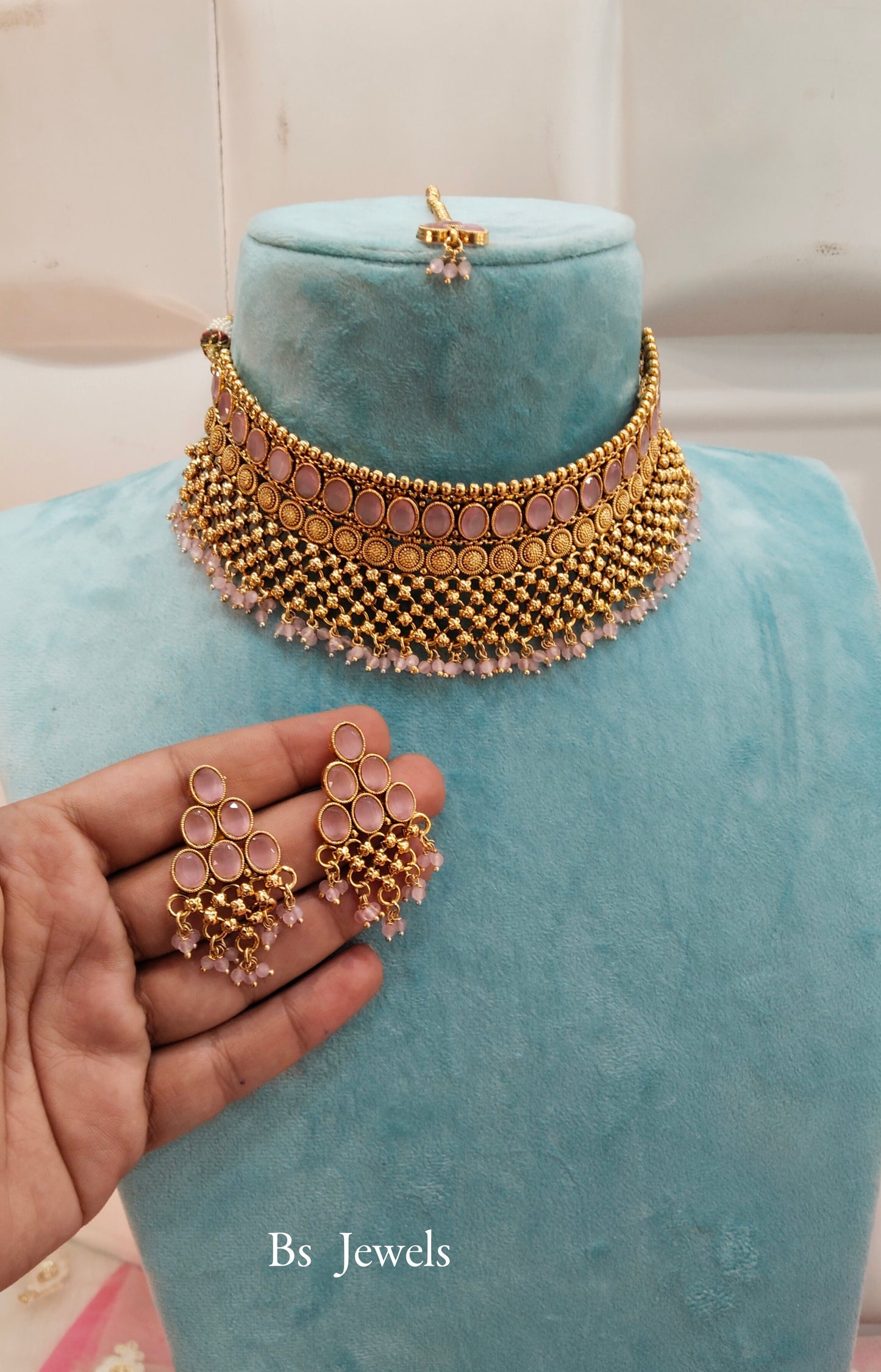 Gold Pink Polki  Choker Jewellery Beams Set