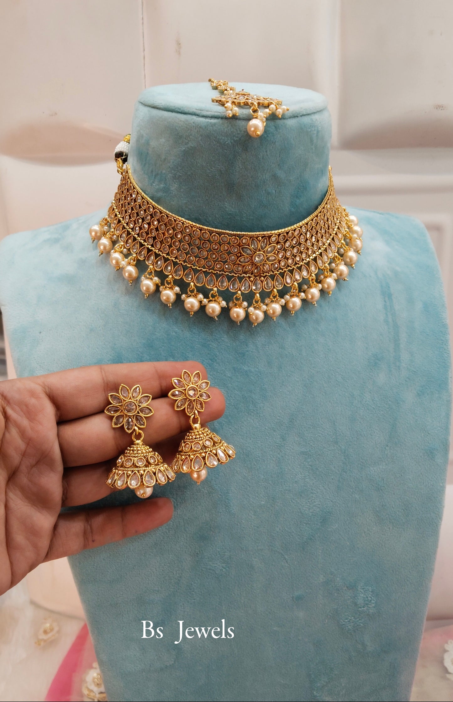 Gold  Polki Jhumka Choker Jewellery Beams Set
