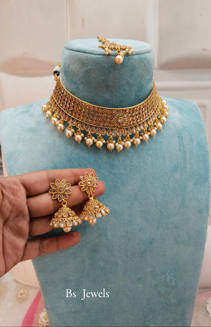 Gold  Polki Jhumka Choker Jewellery Beams Set