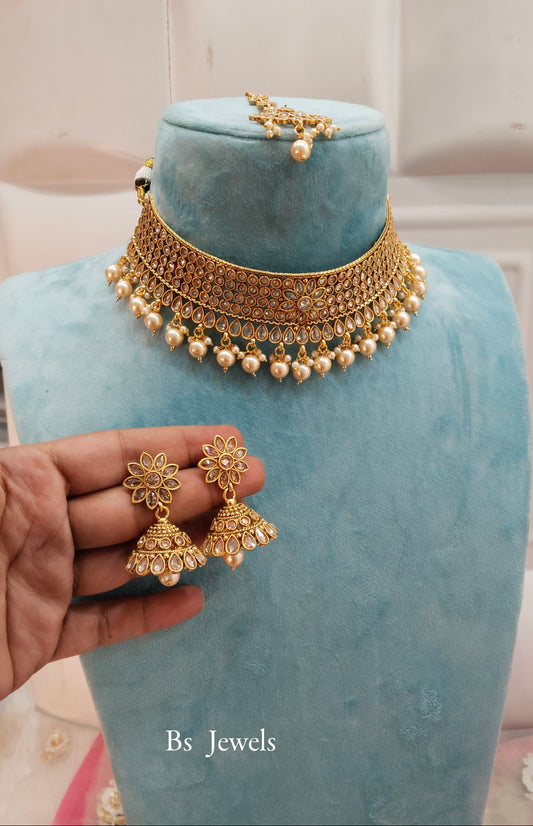 Gold  Polki Jhumka Choker Jewellery Beams Set