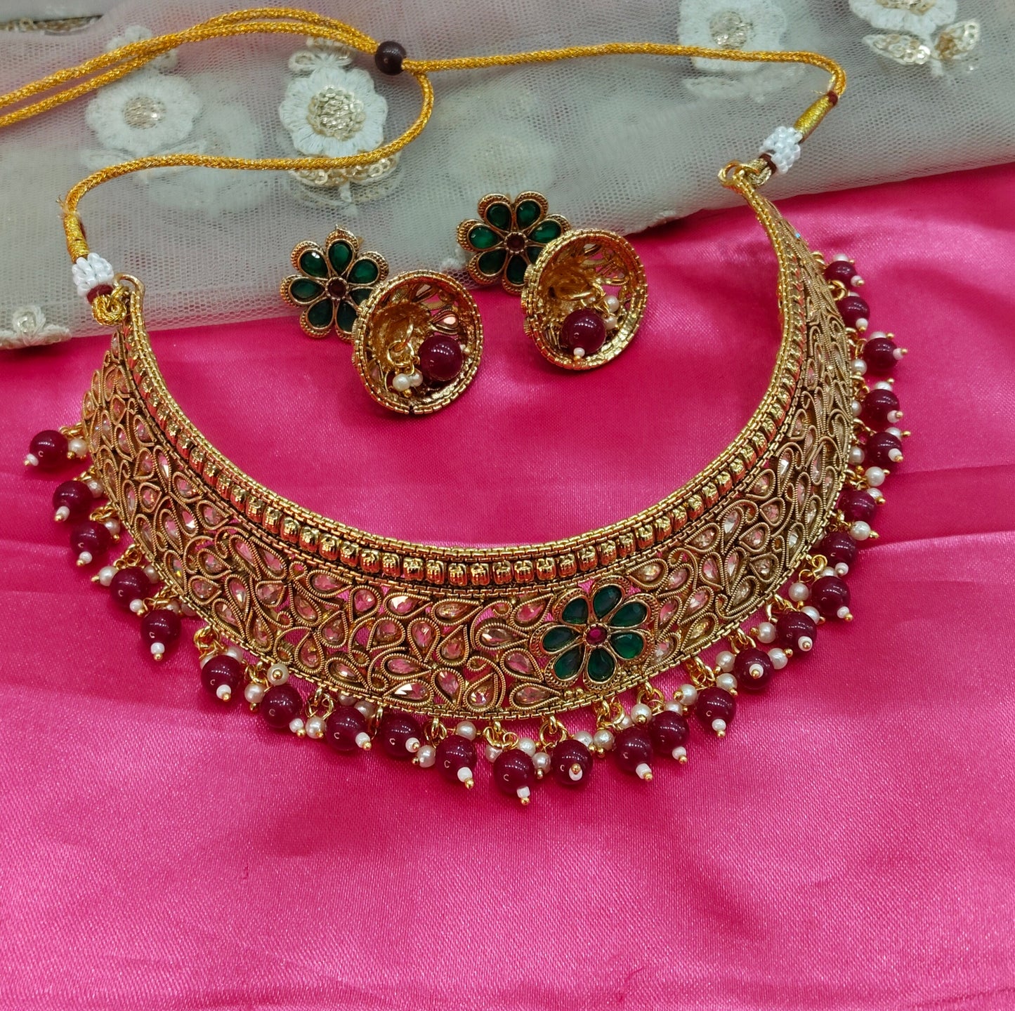 Gold Green Polki Jhumki Choker Jewellery Beams Set
