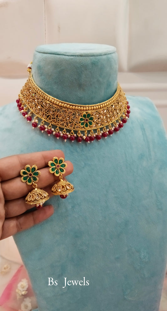 Gold Green Polki Jhumki Choker Jewellery Beams Set
