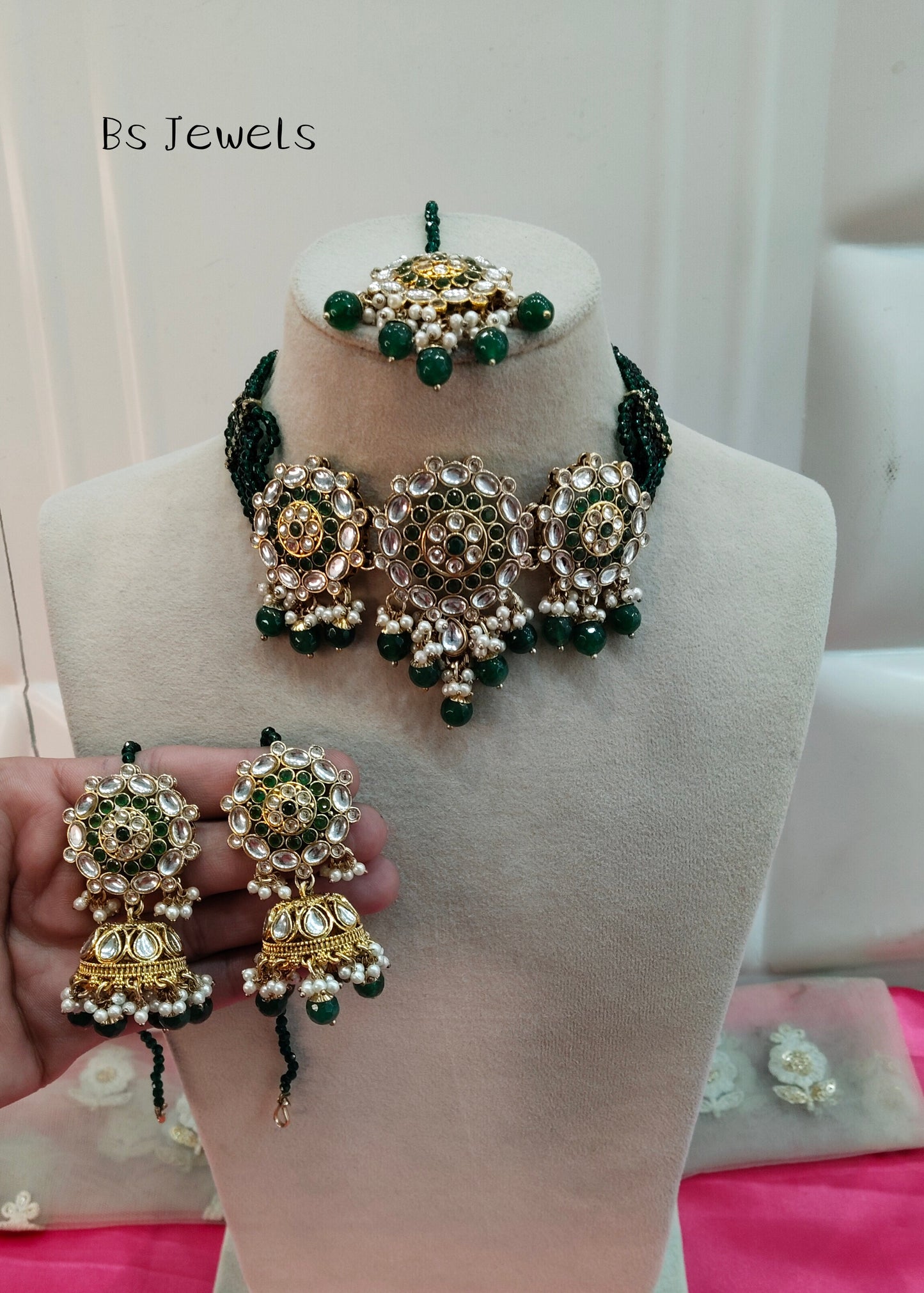 Green Jhumka Kundan Choker Jewellery Most Set