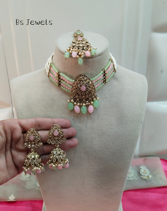 Mint Pink Champagne Stone Jhumka Choker Jewellery Rasha Set