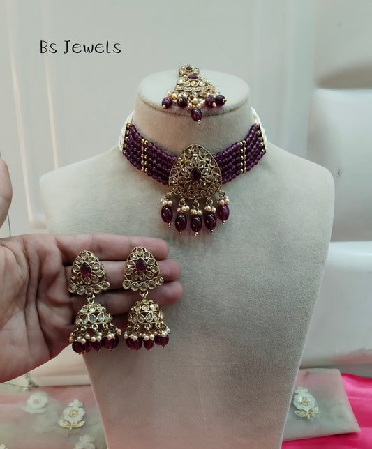 Purple Champagne Stone Jhumka Choker Jewellery Rasha Set