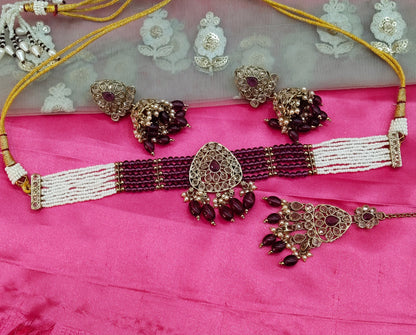 Purple Champagne Stone Jhumka Choker Jewellery Rasha Set