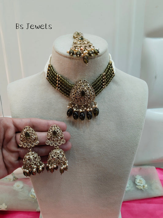 Mehndi Champagne Stone Jhumka Choker Jewellery Rasha Set