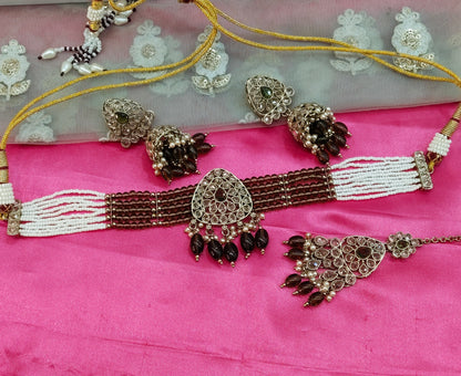 Mehndi Champagne Stone Jhumka Choker Jewellery Rasha Set