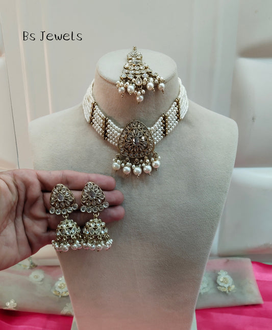 Antique White Champagne Stone Jhumka Choker Jewellery Rasha Set