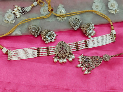 Antique White Champagne Stone Jhumka Choker Jewellery Rasha Set
