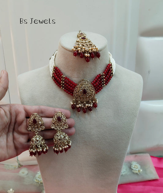 Maroon Champagne Stone Jhumka Choker Jewellery Rasha Set