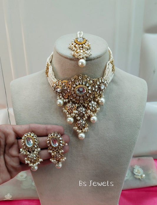 Gold White Kundan Choker Jewellery Heena Set