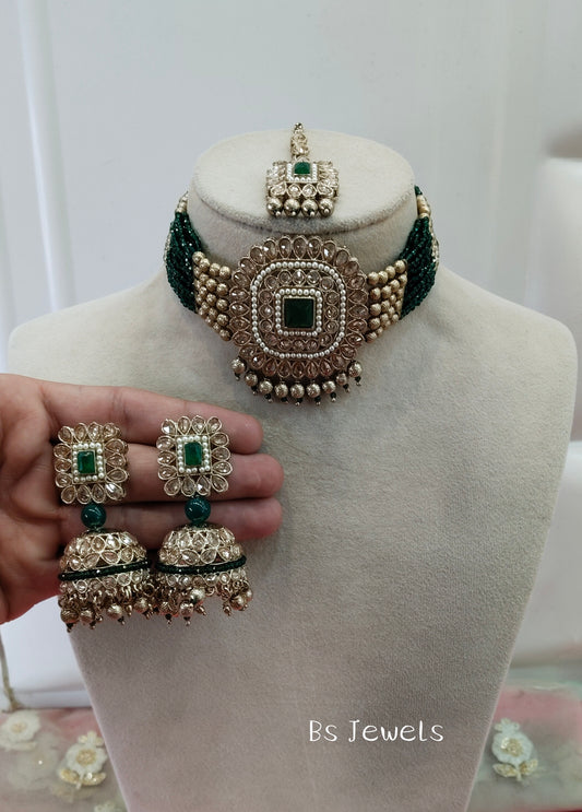 Green Champagne Stone Jhumka Choker Jewellery Chini Set