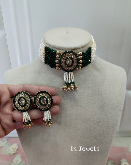 Green Champagne Stone Choker Jewellery Narayan Set