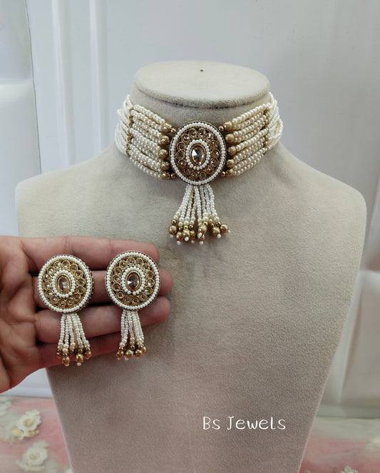 Antique white Champagne Stone Choker Jewellery Narayan Set