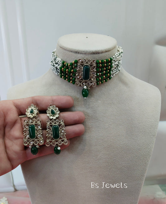 Green Champagne Stone Choker Jewellery Narayan Set