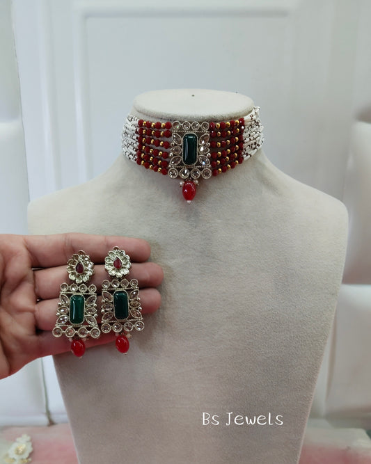 Maroon Green Champagne Stone Choker Jewellery Narayan Set