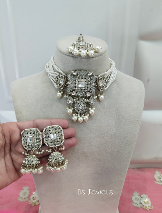 Antique White Choker Jhumka Jewellery Simi Set