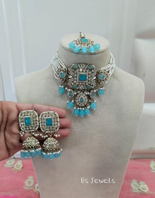 Sky Blue Choker Jhumka Jewellery Simi Set
