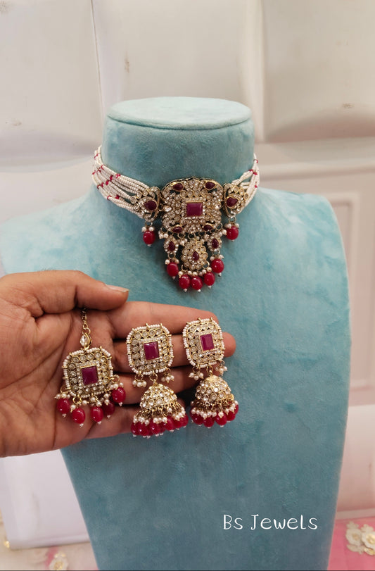 Ruby Choker Jhumka Jewellery Simi Set