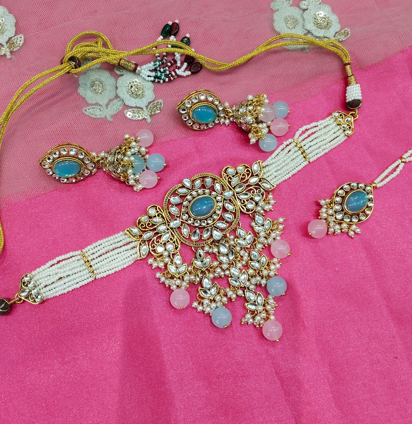 Sea Green Pink Jhumka Kundan Choker Jewellery Arsh Set