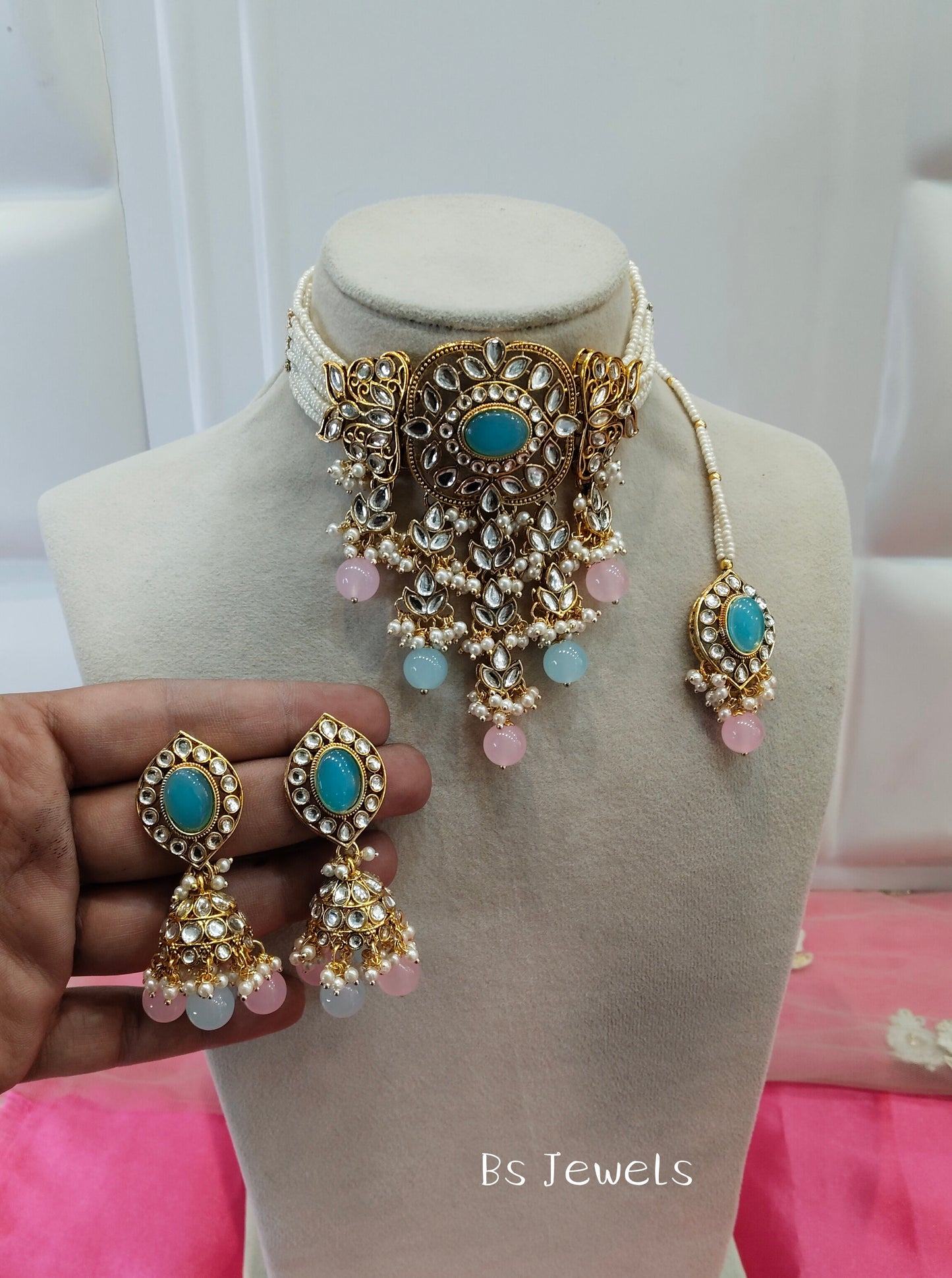 Sea Green Pink Jhumka Kundan Choker Jewellery Arsh Set