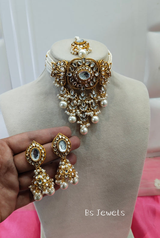 Gold White Jhumka Kundan Choker Jewellery Arsh Set