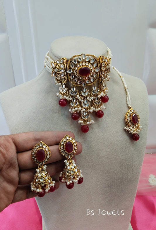 Ruby Kundan Choker Jhumka Jewellery Arsh Set
