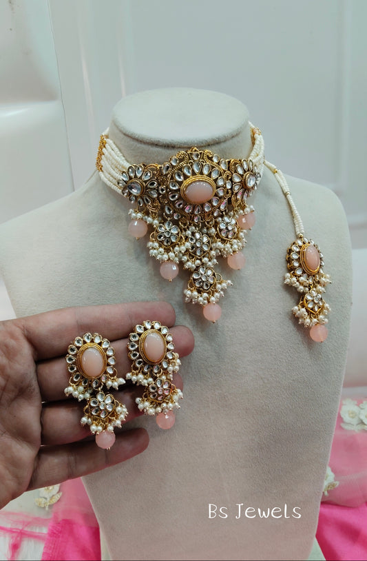 Peach Kundan Choker Jewellery Heena Set